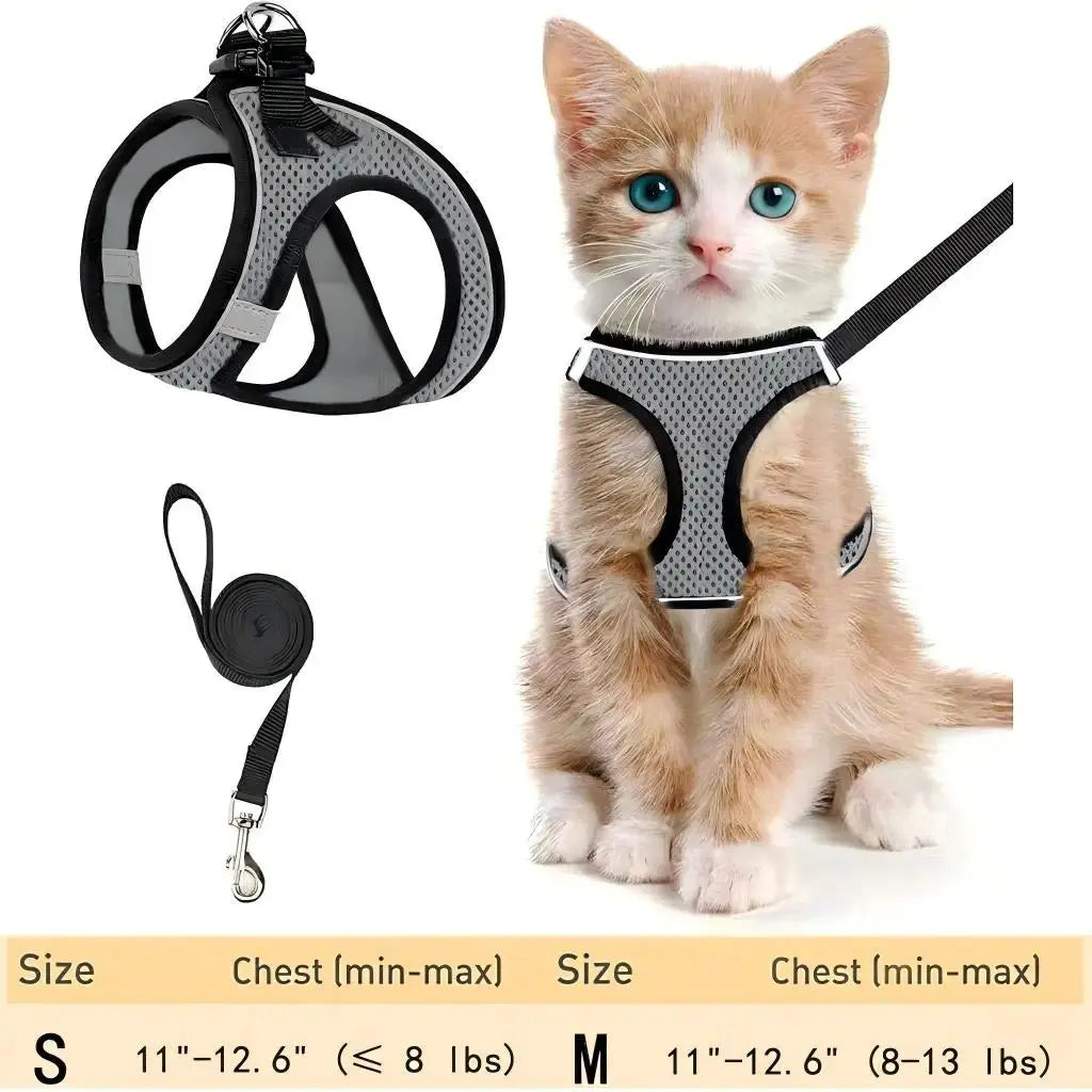 Escape Proof Cat Harness with Leash Set - Adjustable Soft Mesh Step-In Walking Vest for Small-Medium Cats (Up to 13Lbs) - Durable, Reflective, Breathable, No Choke Pet Harness, Durable Reflective Harness, Leash Included