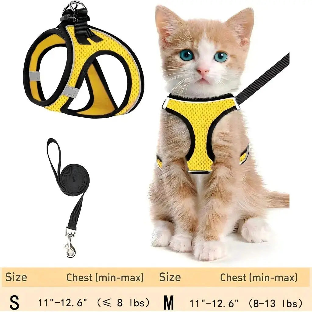Escape Proof Cat Harness with Leash Set - Adjustable Soft Mesh Step-In Walking Vest for Small-Medium Cats (Up to 13Lbs) - Durable, Reflective, Breathable, No Choke Pet Harness, Durable Reflective Harness, Leash Included