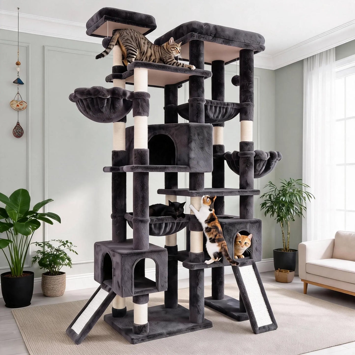 SHA CERLIN 87" Multi-Level Cat Tree Tower - Heavy Duty Indoor Condo for Large Cats and Kittens with Plush Activity Center, Sisal Scratching Posts, and Hammocks