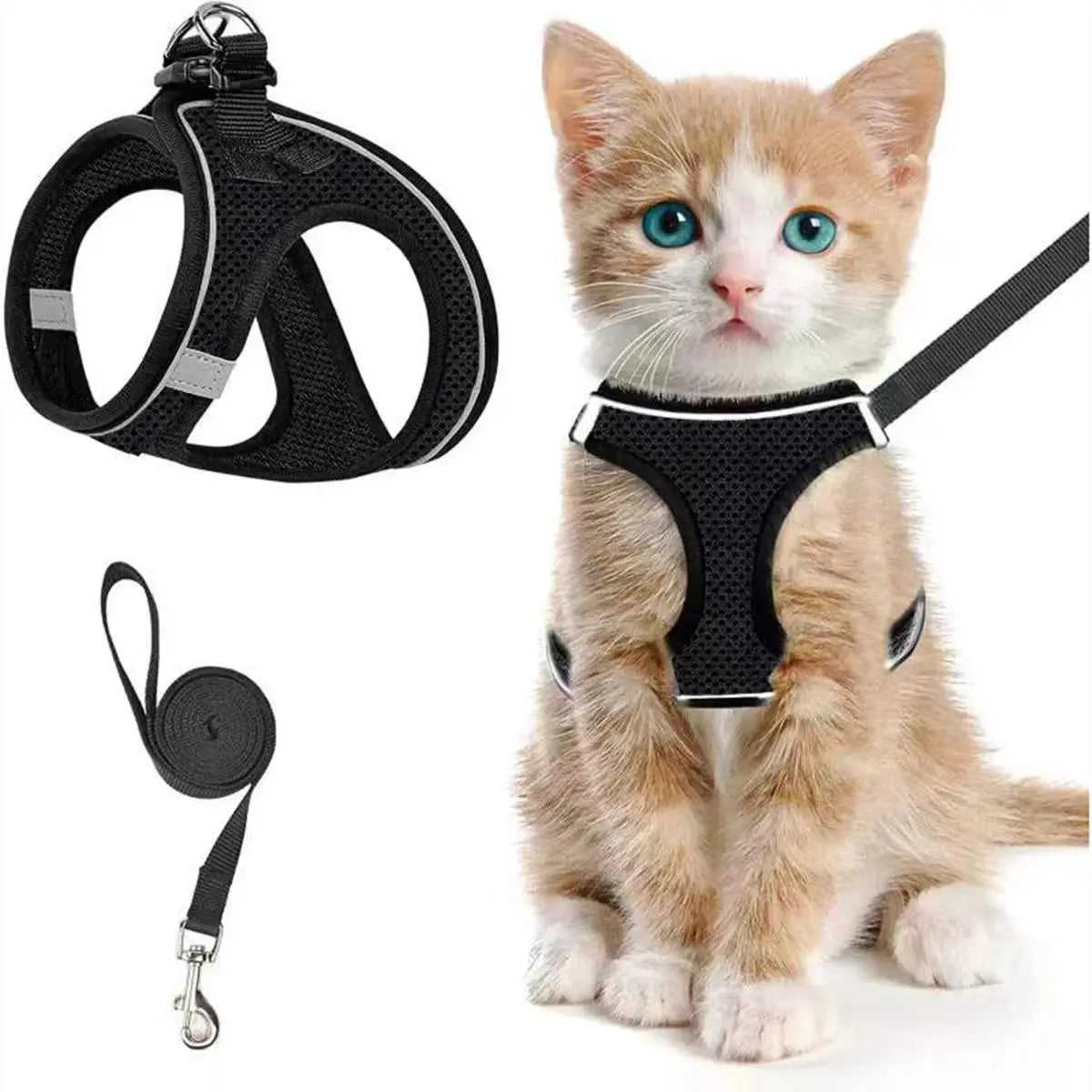 Escape Proof Cat Harness with Leash Set - Adjustable Soft Mesh Step-In Walking Vest for Small-Medium Cats (Up to 13Lbs) - Durable, Reflective, Breathable, No Choke Pet Harness, Durable Reflective Harness, Leash Included