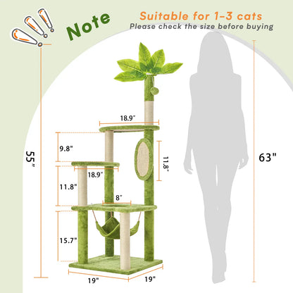 Wecharmer Cat Tree / Tower for Indoor with Green Leaves, Cat Condo Cozy Plush House with Hang Ball, Pet Furniture with Scratching Posts Cat Tree