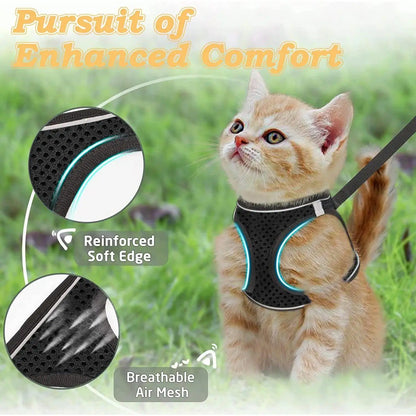 Escape Proof Cat Harness with Leash Set - Adjustable Soft Mesh Step-In Walking Vest for Small-Medium Cats (Up to 13Lbs) - Durable, Reflective, Breathable, No Choke Pet Harness, Durable Reflective Harness, Leash Included