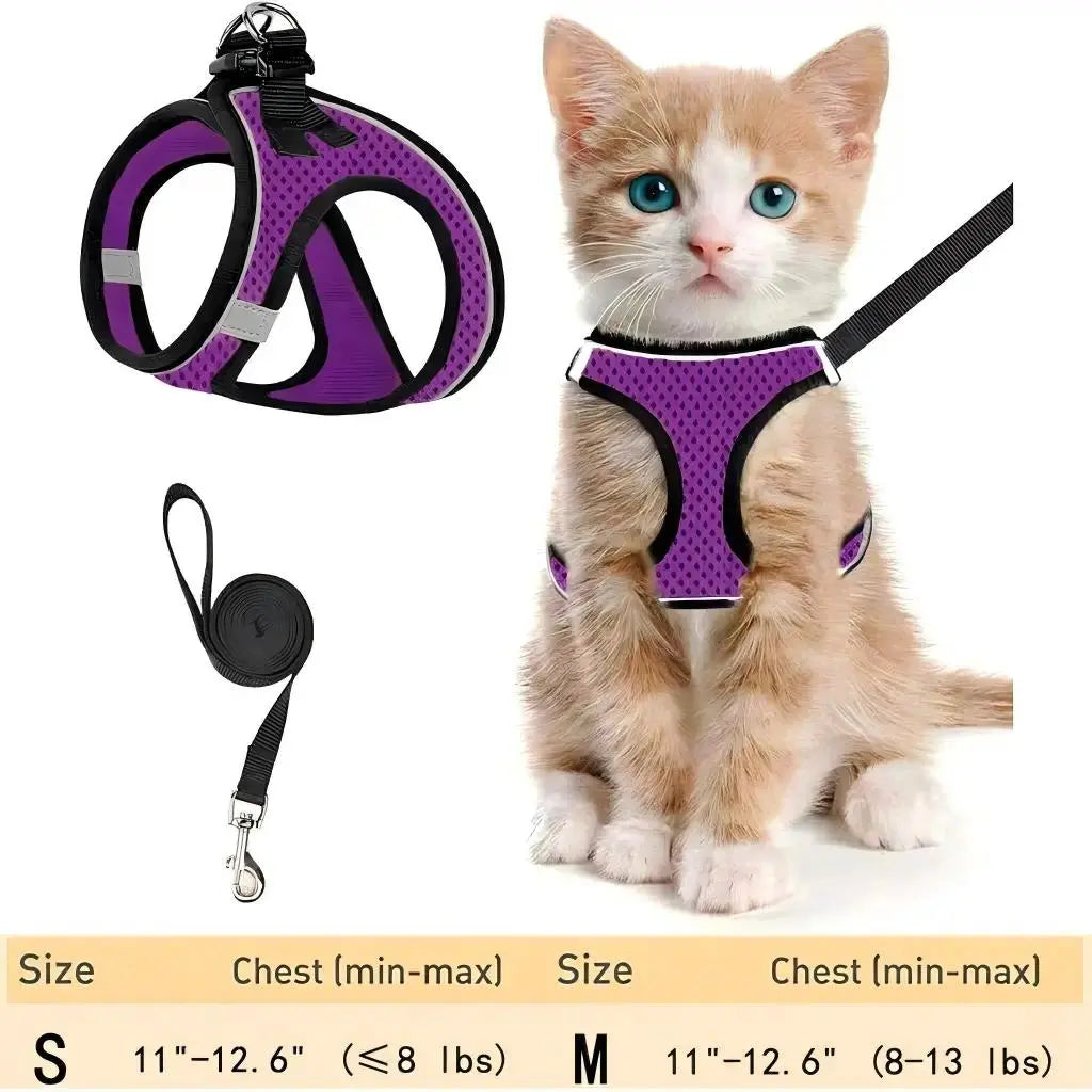 Escape Proof Cat Harness with Leash Set - Adjustable Soft Mesh Step-In Walking Vest for Small-Medium Cats (Up to 13Lbs) - Durable, Reflective, Breathable, No Choke Pet Harness, Durable Reflective Harness, Leash Included