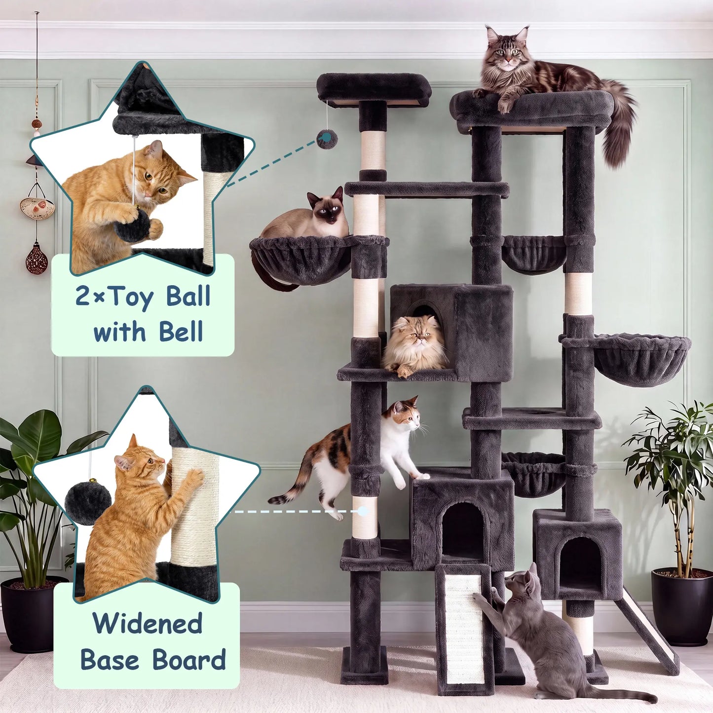 SHA CERLIN 87" Multi-Level Cat Tree Tower - Heavy Duty Indoor Condo for Large Cats and Kittens with Plush Activity Center, Sisal Scratching Posts, and Hammocks