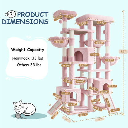 SHA CERLIN 87" Multi-Level Cat Tree Tower - Heavy Duty Indoor Condo for Large Cats and Kittens with Plush Activity Center, Sisal Scratching Posts, and Hammocks