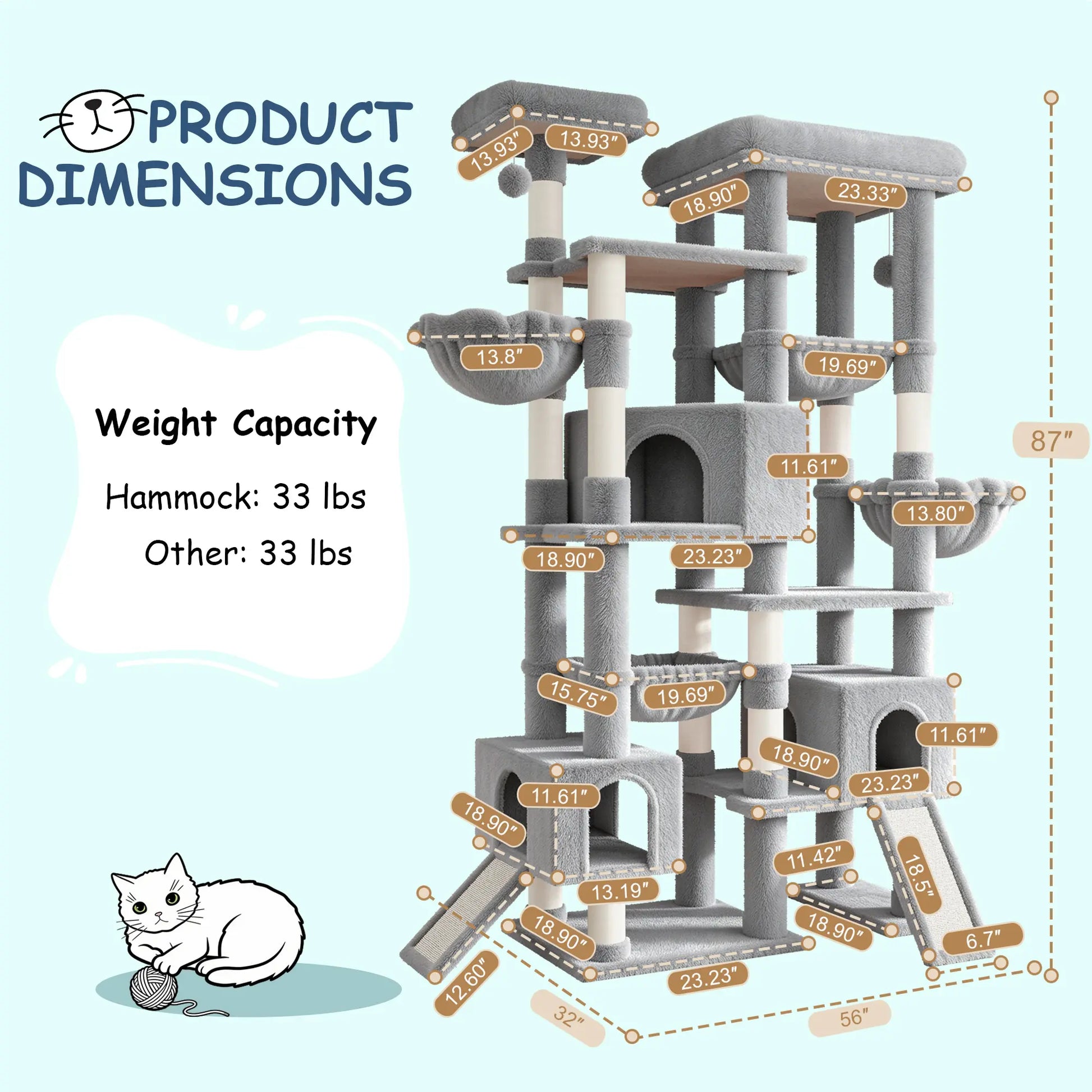 SHA CERLIN 87" Multi-Level Cat Tree Tower - Heavy Duty Indoor Condo for Large Cats and Kittens with Plush Activity Center, Sisal Scratching Posts, and Hammocks