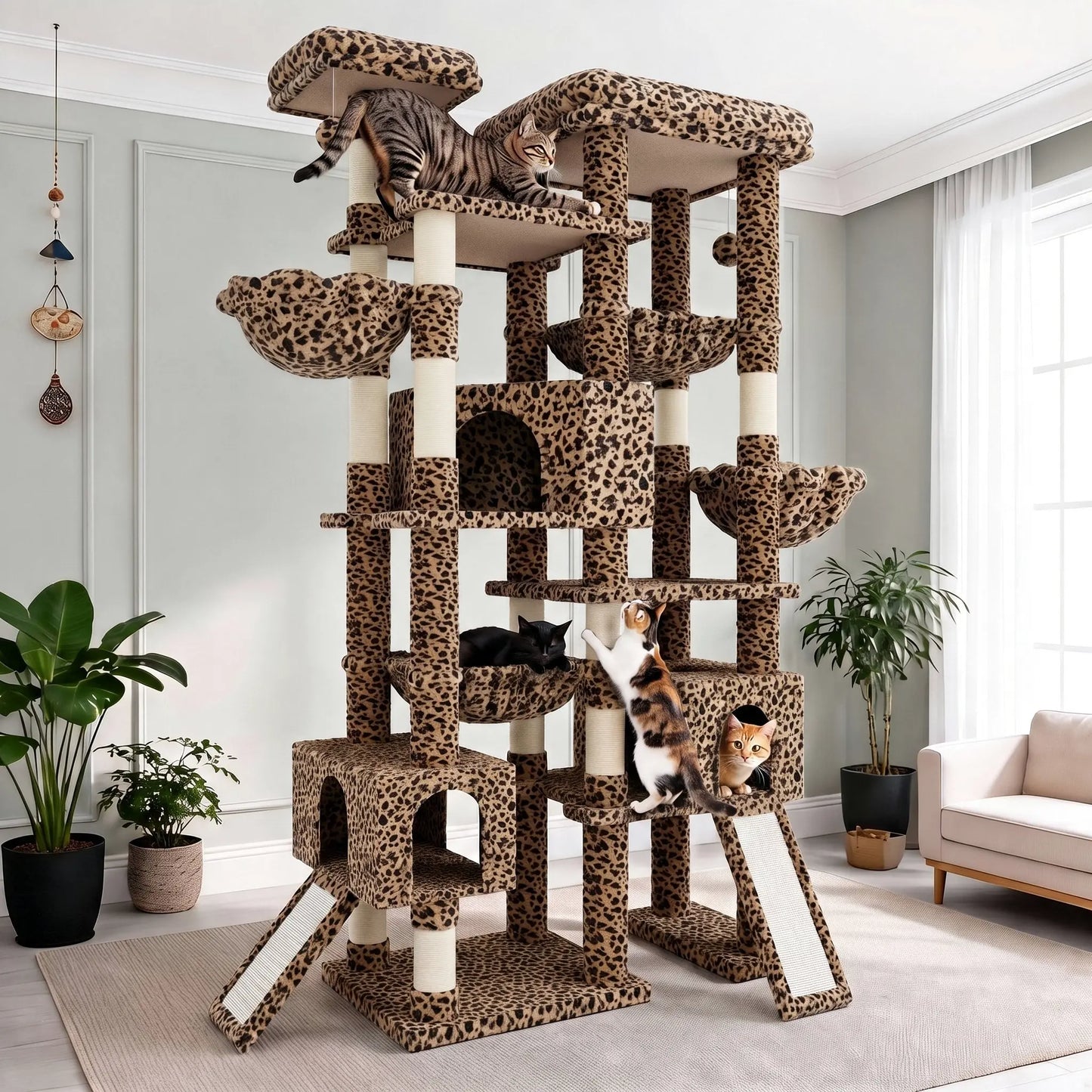 SHA CERLIN 87" Multi-Level Cat Tree Tower - Heavy Duty Indoor Condo for Large Cats and Kittens with Plush Activity Center, Sisal Scratching Posts, and Hammocks