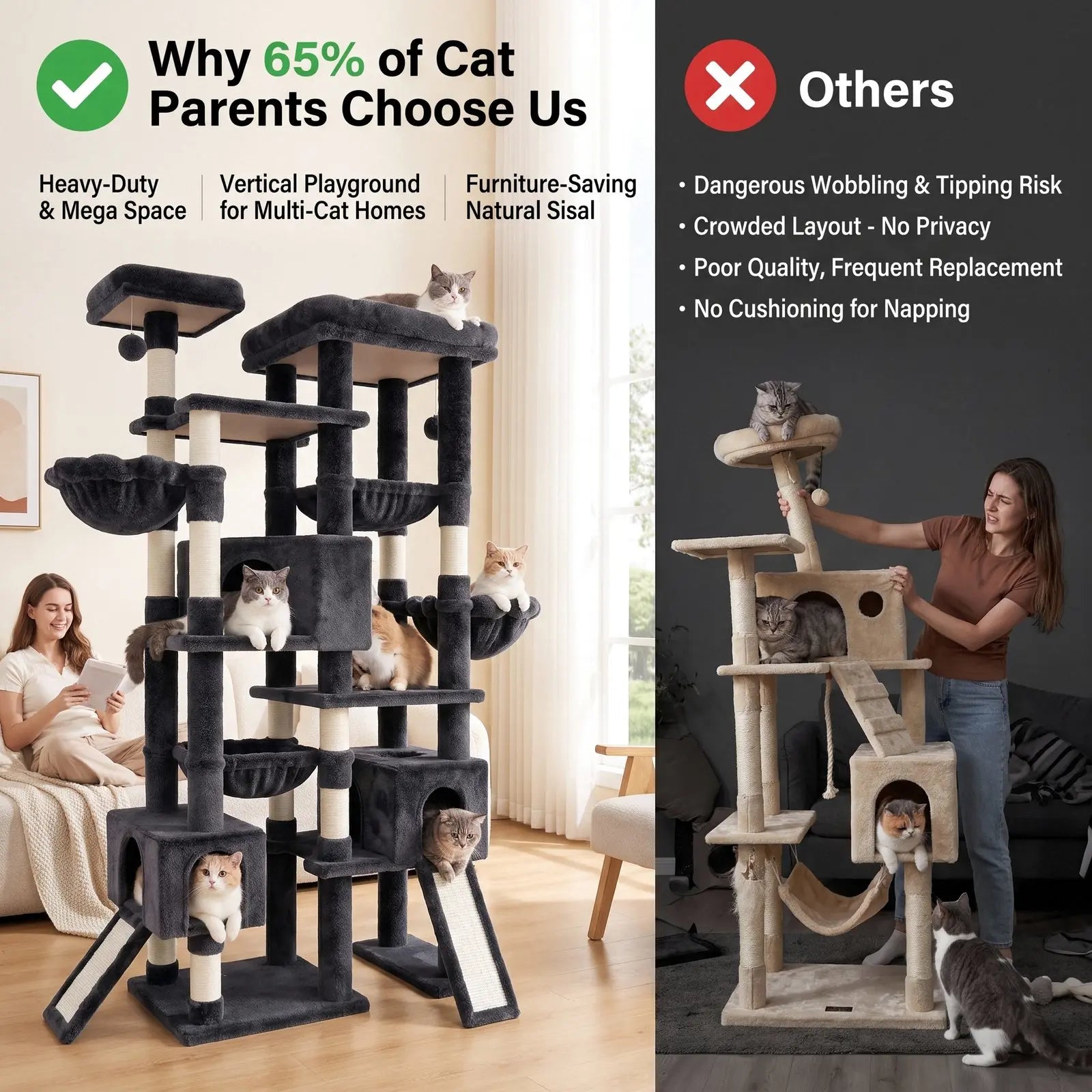 SHA CERLIN 87" Multi-Level Cat Tree Tower - Heavy Duty Indoor Condo for Large Cats and Kittens with Plush Activity Center, Sisal Scratching Posts, and Hammocks