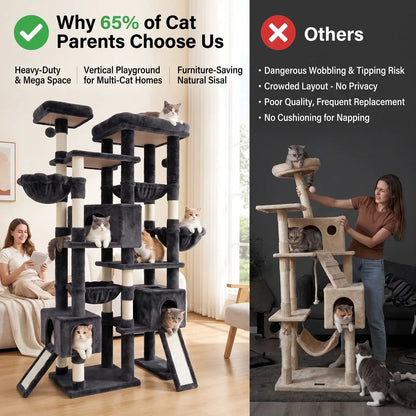SHA CERLIN 87" Multi-Level Cat Tree Tower - Heavy Duty Indoor Condo for Large Cats and Kittens with Plush Activity Center, Sisal Scratching Posts, and Hammocks