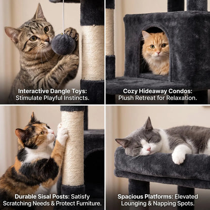 SHA CERLIN 87" Multi-Level Cat Tree Tower - Heavy Duty Indoor Condo for Large Cats and Kittens with Plush Activity Center, Sisal Scratching Posts, and Hammocks
