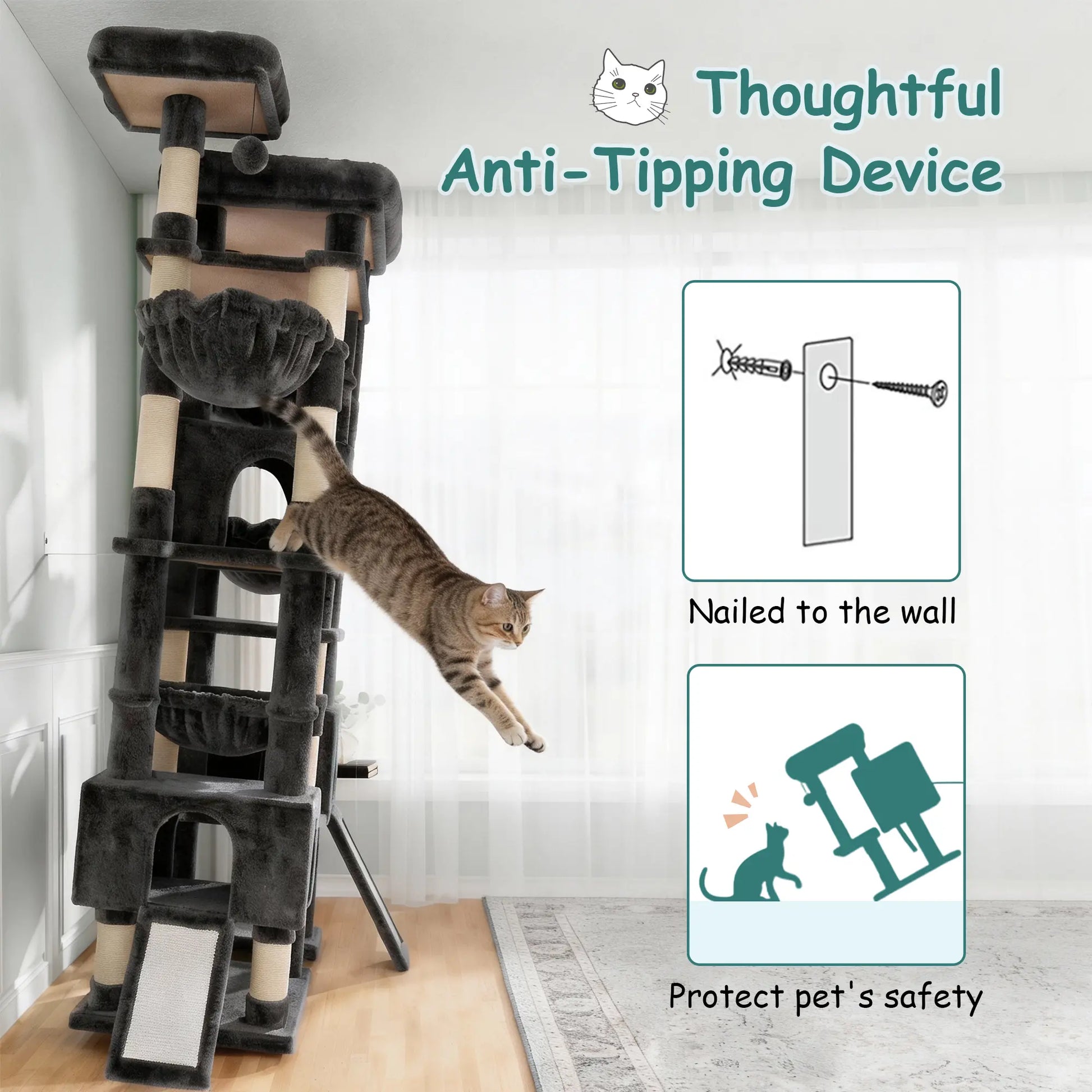 SHA CERLIN 87" Multi-Level Cat Tree Tower - Heavy Duty Indoor Condo for Large Cats and Kittens with Plush Activity Center, Sisal Scratching Posts, and Hammocks