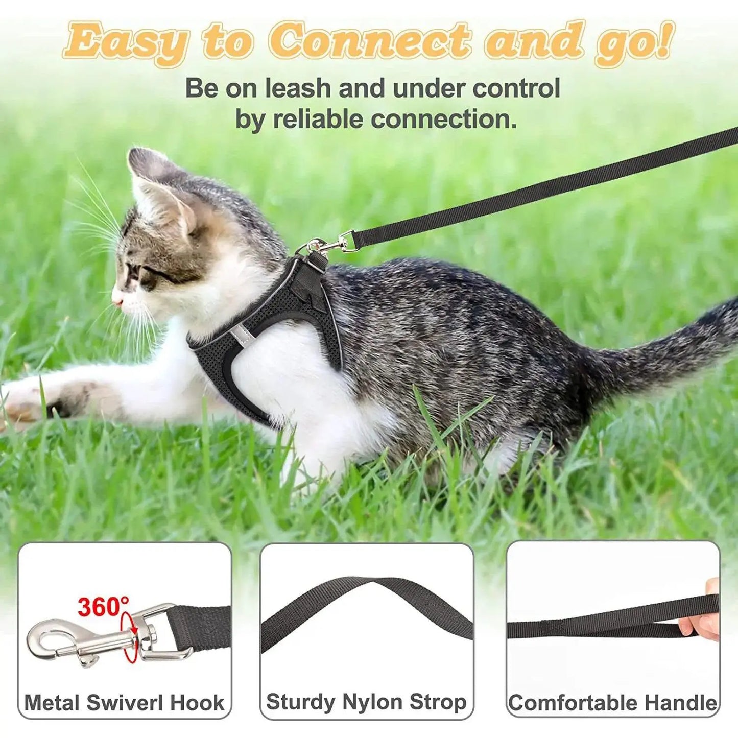 Escape Proof Cat Harness with Leash Set - Adjustable Soft Mesh Step-In Walking Vest for Small-Medium Cats (Up to 13Lbs) - Durable, Reflective, Breathable, No Choke Pet Harness, Durable Reflective Harness, Leash Included