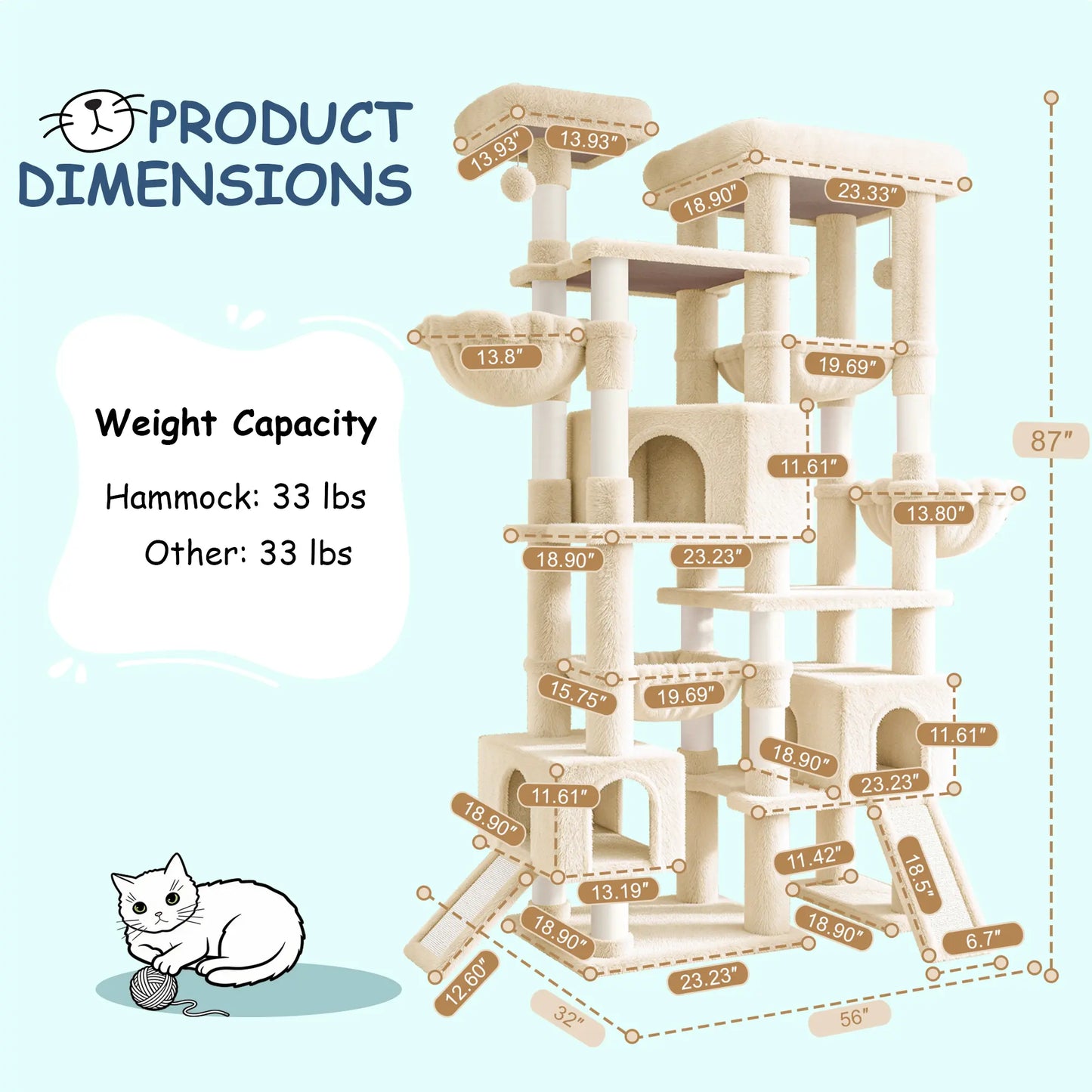 SHA CERLIN 87" Multi-Level Cat Tree Tower - Heavy Duty Indoor Condo for Large Cats and Kittens with Plush Activity Center, Sisal Scratching Posts, and Hammocks