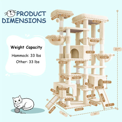 SHA CERLIN 87" Multi-Level Cat Tree Tower - Heavy Duty Indoor Condo for Large Cats and Kittens with Plush Activity Center, Sisal Scratching Posts, and Hammocks