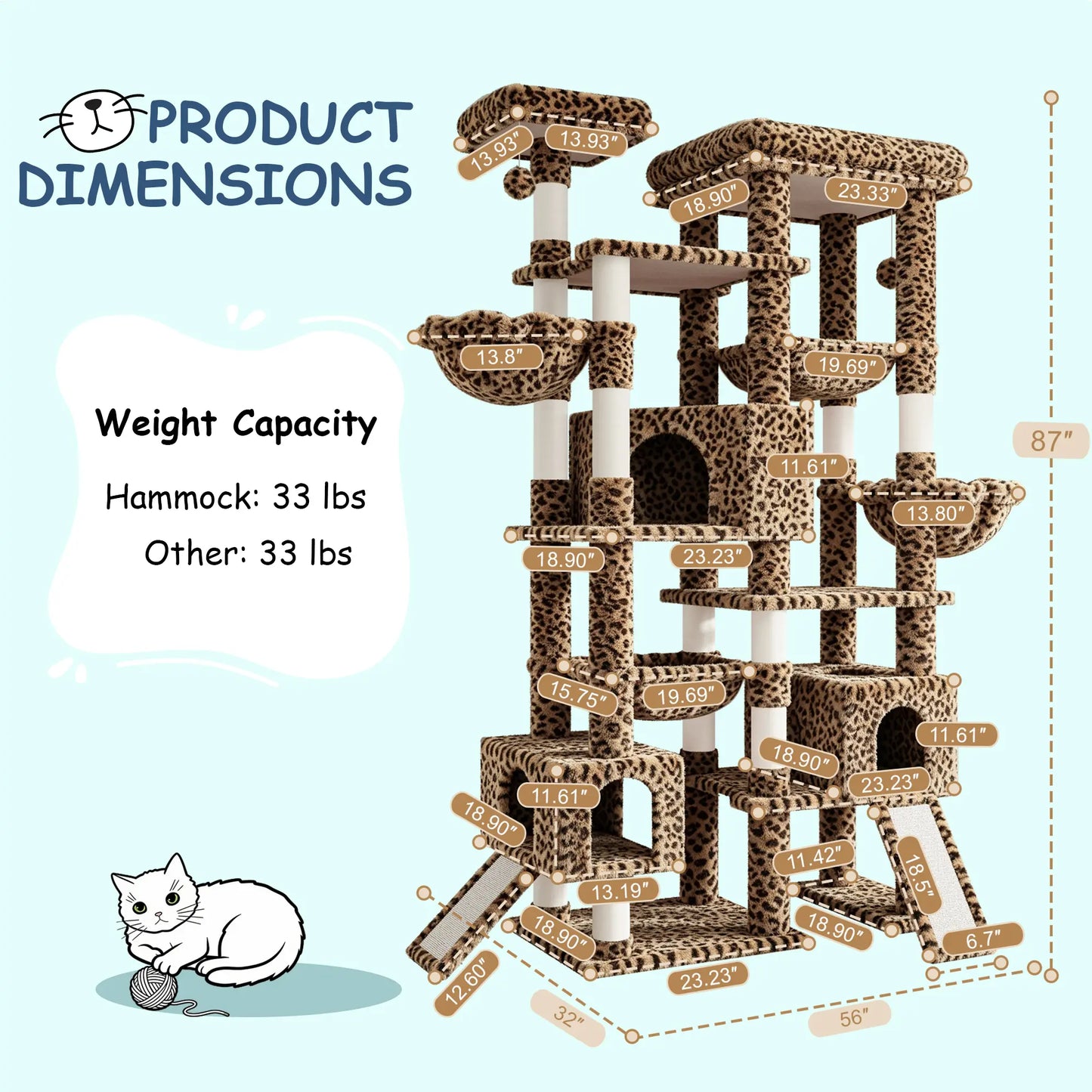 SHA CERLIN 87" Multi-Level Cat Tree Tower - Heavy Duty Indoor Condo for Large Cats and Kittens with Plush Activity Center, Sisal Scratching Posts, and Hammocks