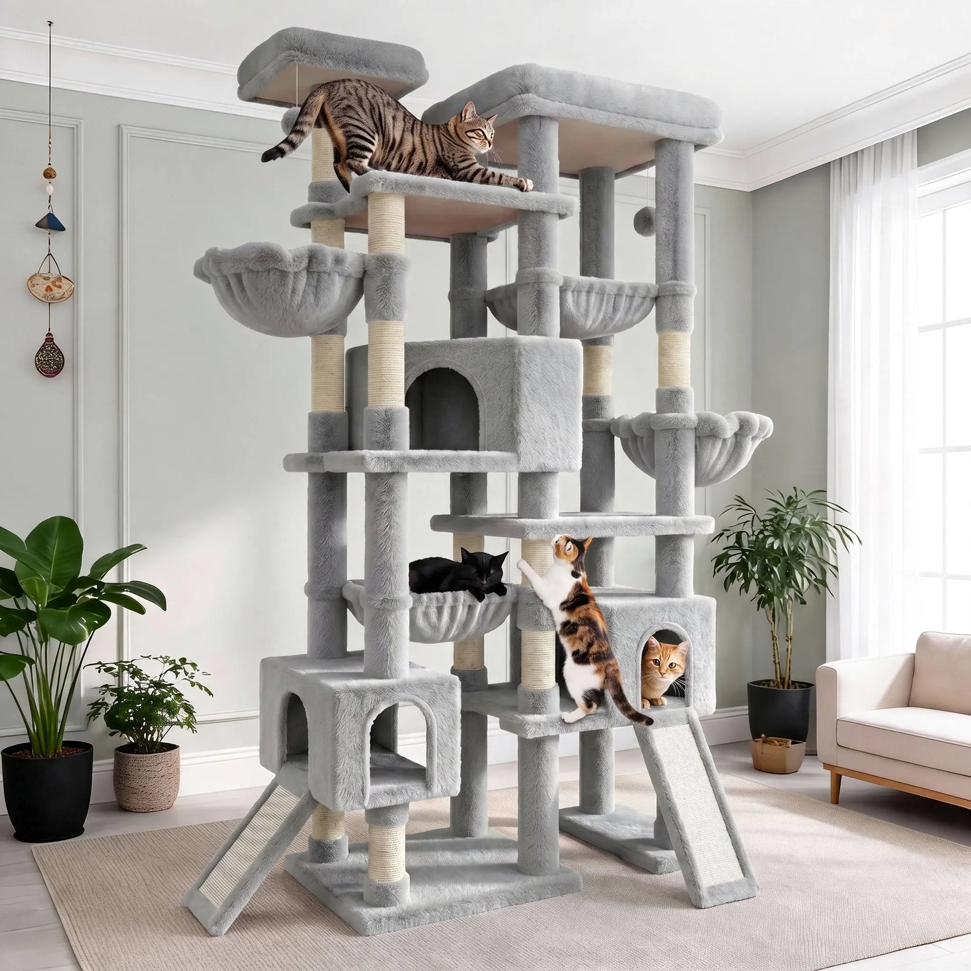 SHA CERLIN 87" Multi-Level Cat Tree Tower - Heavy Duty Indoor Condo for Large Cats and Kittens with Plush Activity Center, Sisal Scratching Posts, and Hammocks