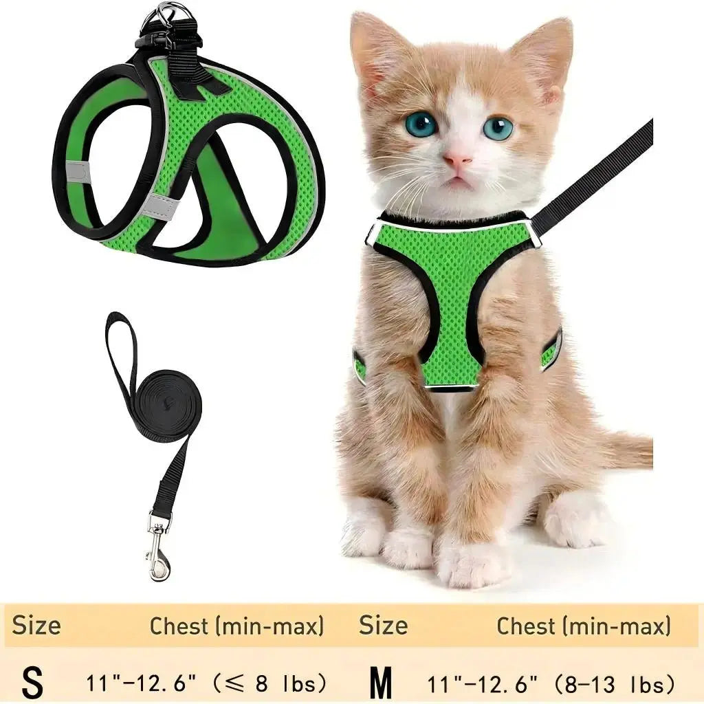 Escape Proof Cat Harness with Leash Set - Adjustable Soft Mesh Step-In Walking Vest for Small-Medium Cats (Up to 13Lbs) - Durable, Reflective, Breathable, No Choke Pet Harness, Durable Reflective Harness, Leash Included