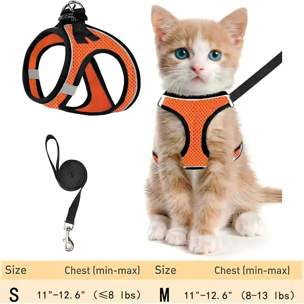 Escape Proof Cat Harness with Leash Set - Adjustable Soft Mesh Step-In Walking Vest for Small-Medium Cats (Up to 13Lbs) - Durable, Reflective, Breathable, No Choke Pet Harness, Durable Reflective Harness, Leash Included