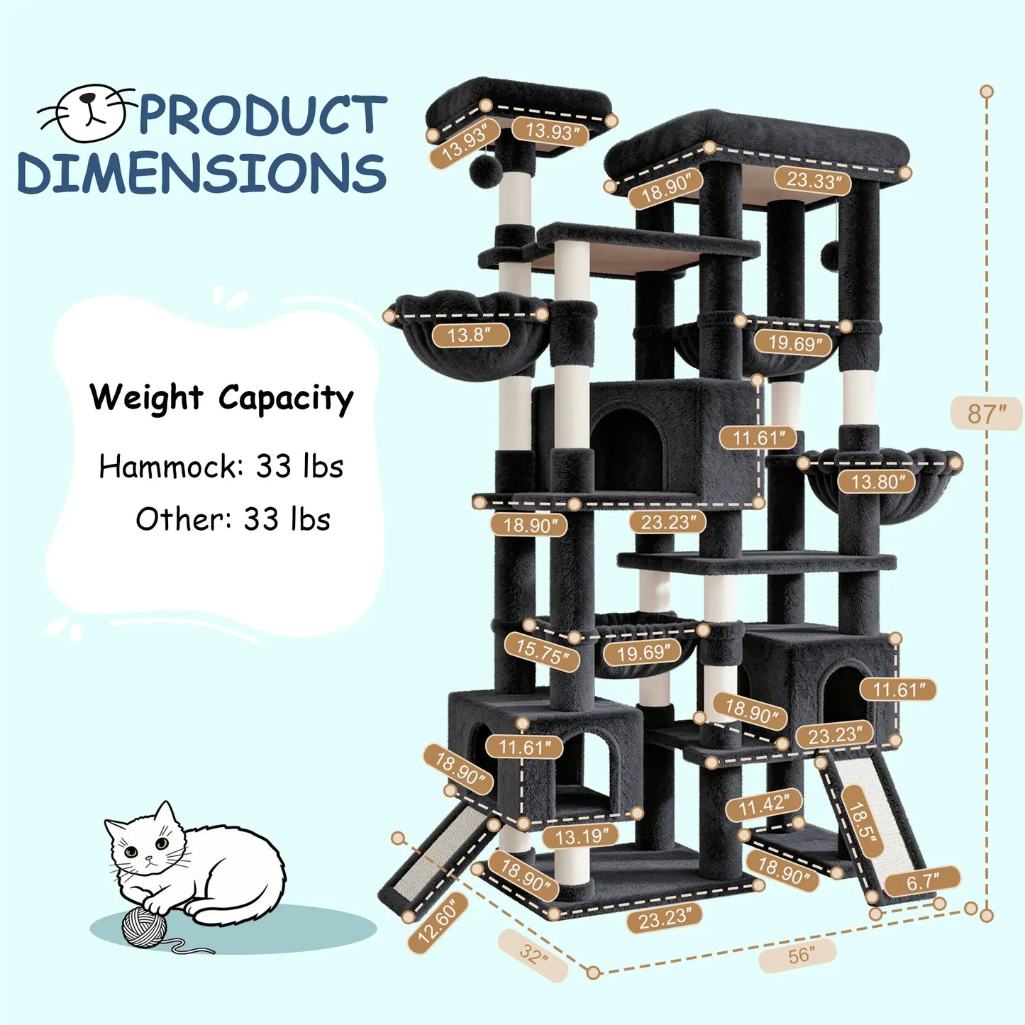 SHA CERLIN 87" Multi-Level Cat Tree Tower - Heavy Duty Indoor Condo for Large Cats and Kittens with Plush Activity Center, Sisal Scratching Posts, and Hammocks
