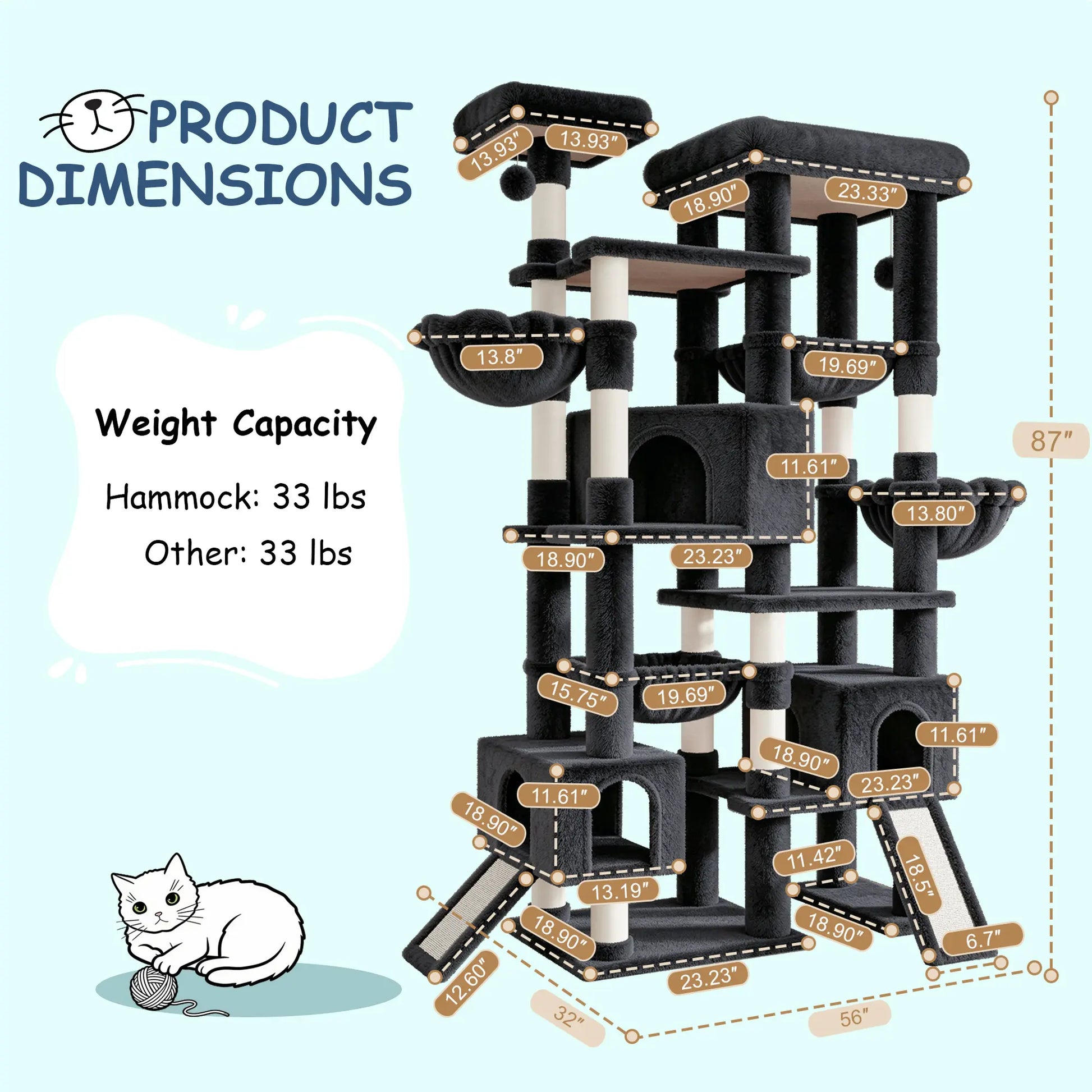 SHA CERLIN 87" Multi-Level Cat Tree Tower - Heavy Duty Indoor Condo for Large Cats and Kittens with Plush Activity Center, Sisal Scratching Posts, and Hammocks