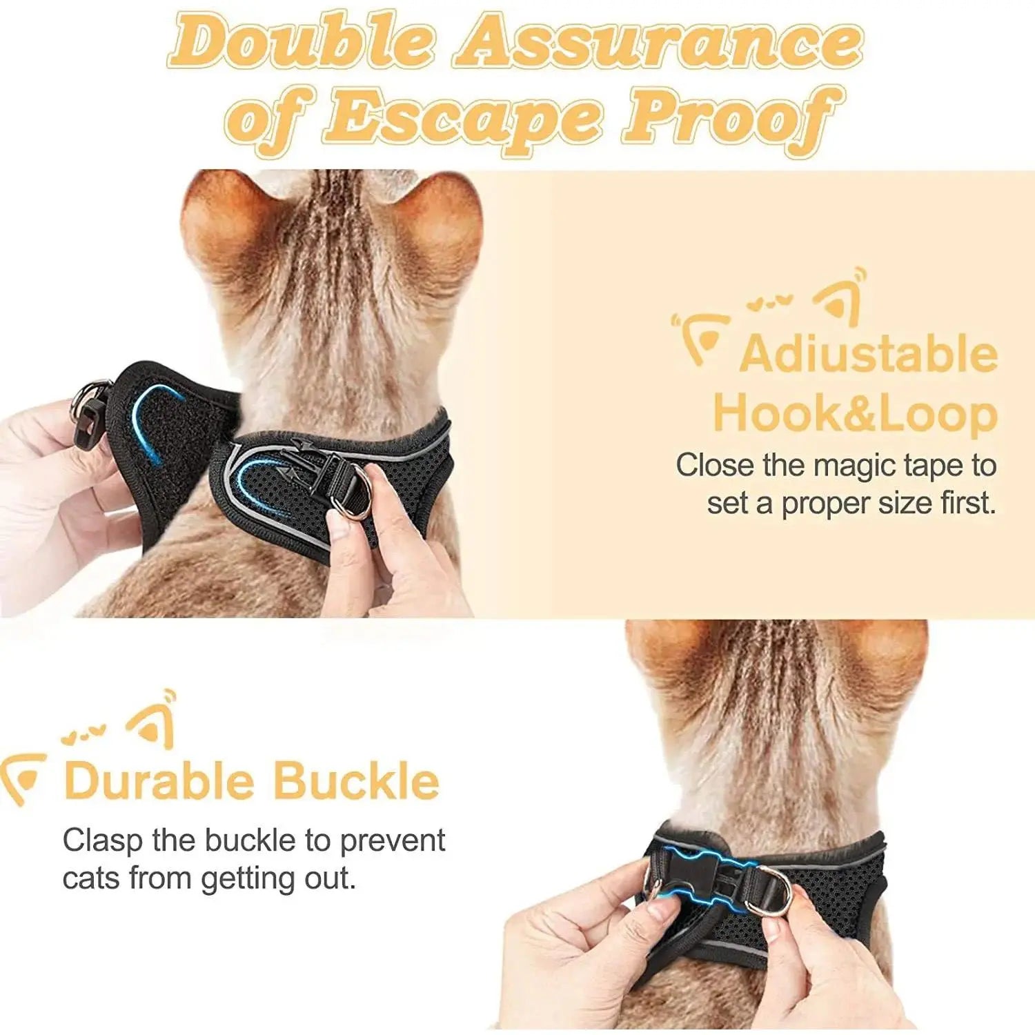 Escape Proof Cat Harness with Leash Set - Adjustable Soft Mesh Step-In Walking Vest for Small-Medium Cats (Up to 13Lbs) - Durable, Reflective, Breathable, No Choke Pet Harness, Durable Reflective Harness, Leash Included