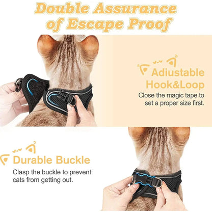Escape Proof Cat Harness with Leash Set - Adjustable Soft Mesh Step-In Walking Vest for Small-Medium Cats (Up to 13Lbs) - Durable, Reflective, Breathable, No Choke Pet Harness, Durable Reflective Harness, Leash Included