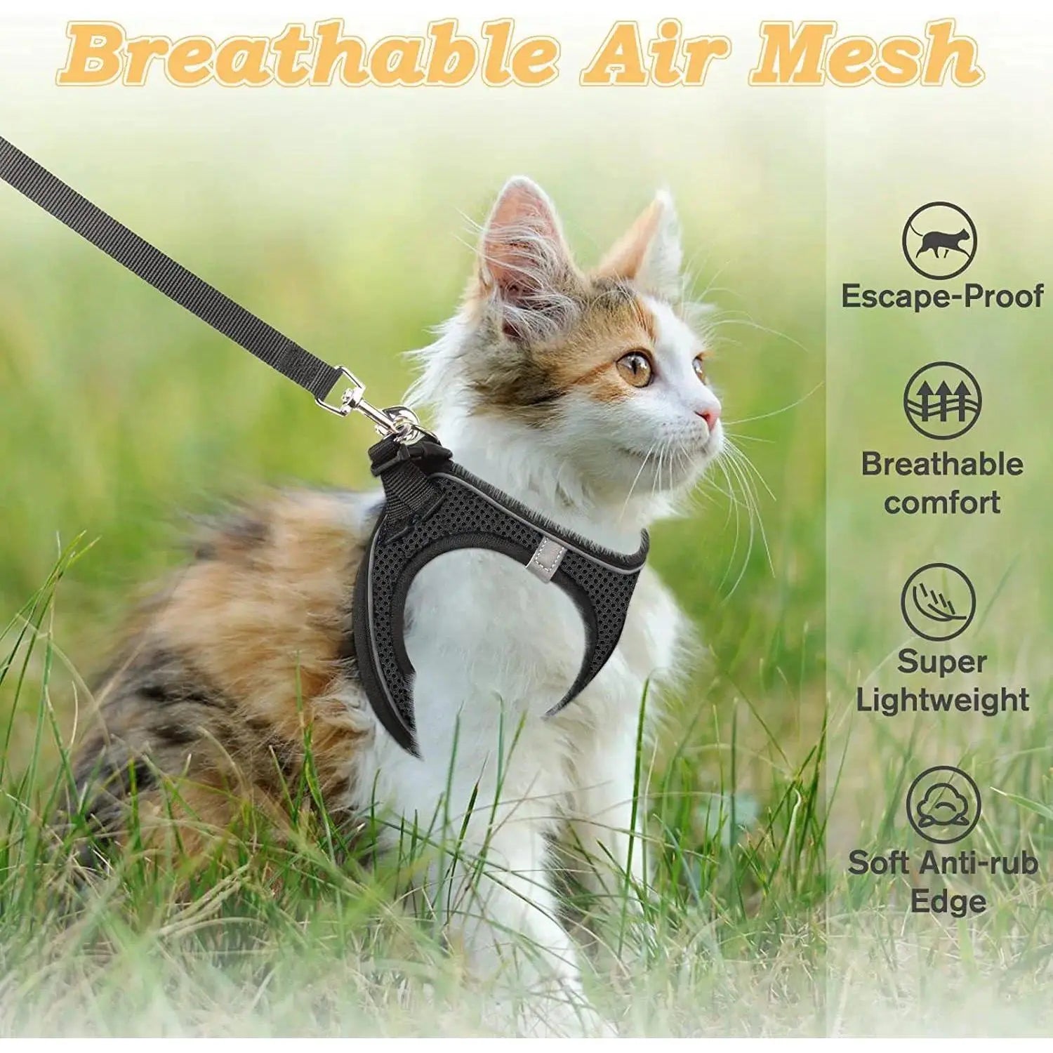 Escape Proof Cat Harness with Leash Set - Adjustable Soft Mesh Step-In Walking Vest for Small-Medium Cats (Up to 13Lbs) - Durable, Reflective, Breathable, No Choke Pet Harness, Durable Reflective Harness, Leash Included