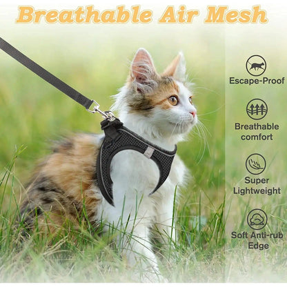 Escape Proof Cat Harness with Leash Set - Adjustable Soft Mesh Step-In Walking Vest for Small-Medium Cats (Up to 13Lbs) - Durable, Reflective, Breathable, No Choke Pet Harness, Durable Reflective Harness, Leash Included