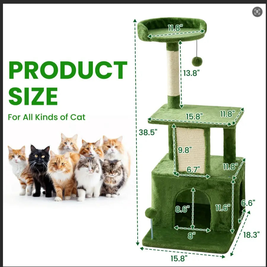 Wecharmer Cat Tree / Tower for Indoor with Green Leaves, Cat Condo Cozy Plush House with Hang Ball, Pet Furniture with Scratching Posts Cat Tree
