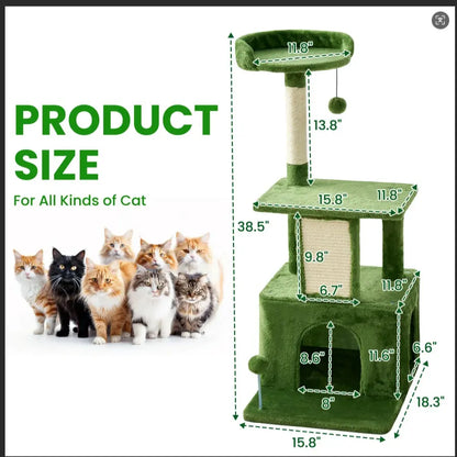 Wecharmer Cat Tree / Tower for Indoor with Green Leaves, Cat Condo Cozy Plush House with Hang Ball, Pet Furniture with Scratching Posts Cat Tree
